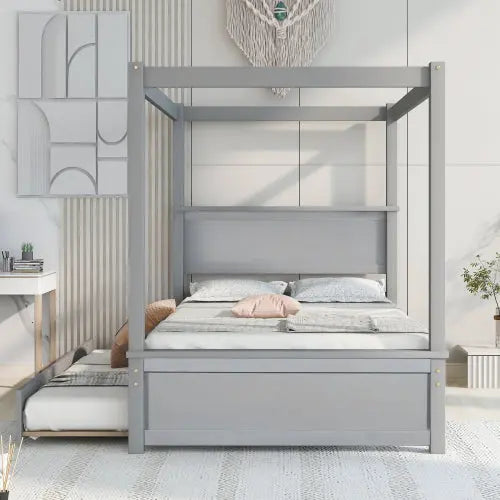 Bellemave® Full Size Wood Canopy Platform Bed with Trundle and Support Slats Bellemave®