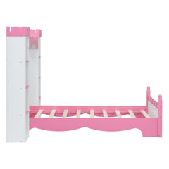 Bellemave® Twin Size Castle-Shaped Wooden Platform Bed with Storage Shelf