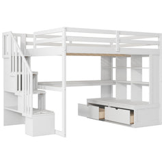 Bellemave® Full Size Loft Bed with Desk and Shelves, Two Built-in Drawers, Storage Staircase