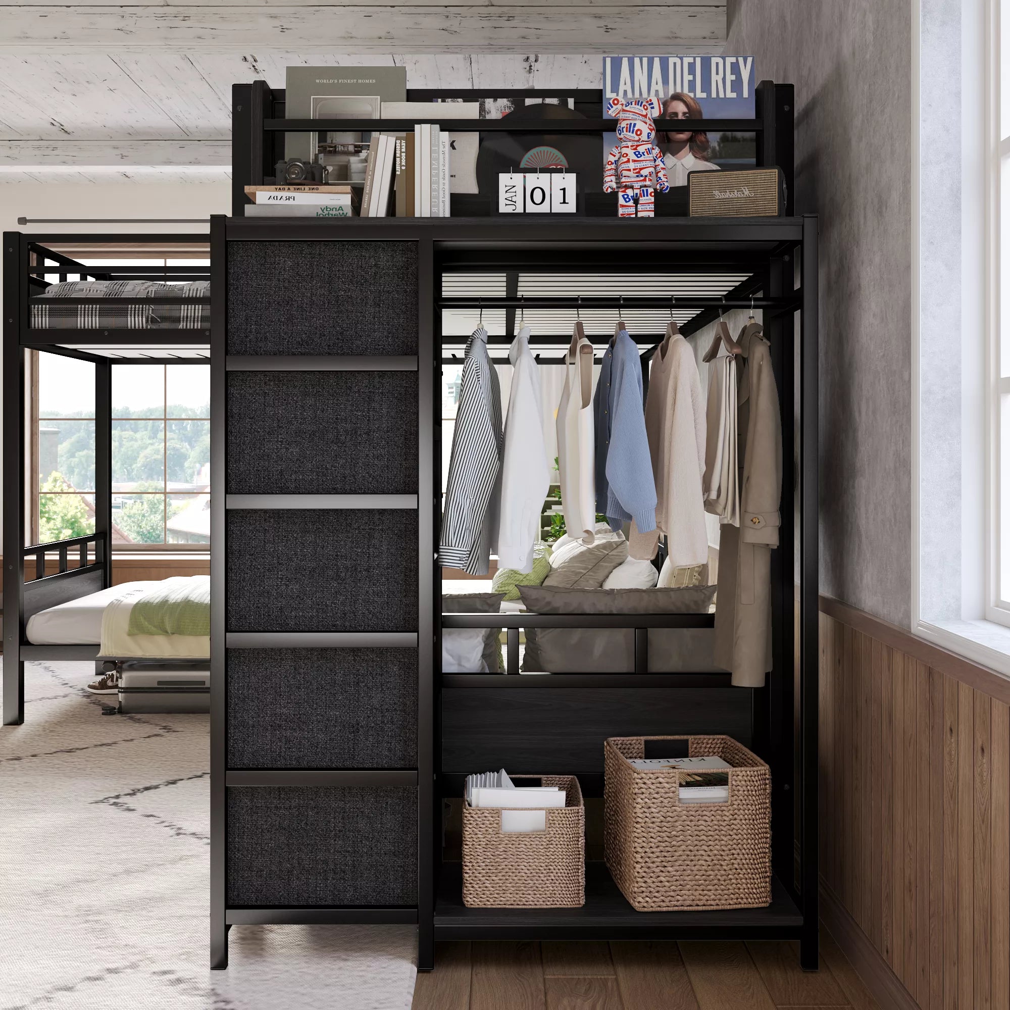 bunk bed with wardrobe and open shelves storage