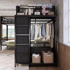 bunk bed with wardrobe and open shelves storage
