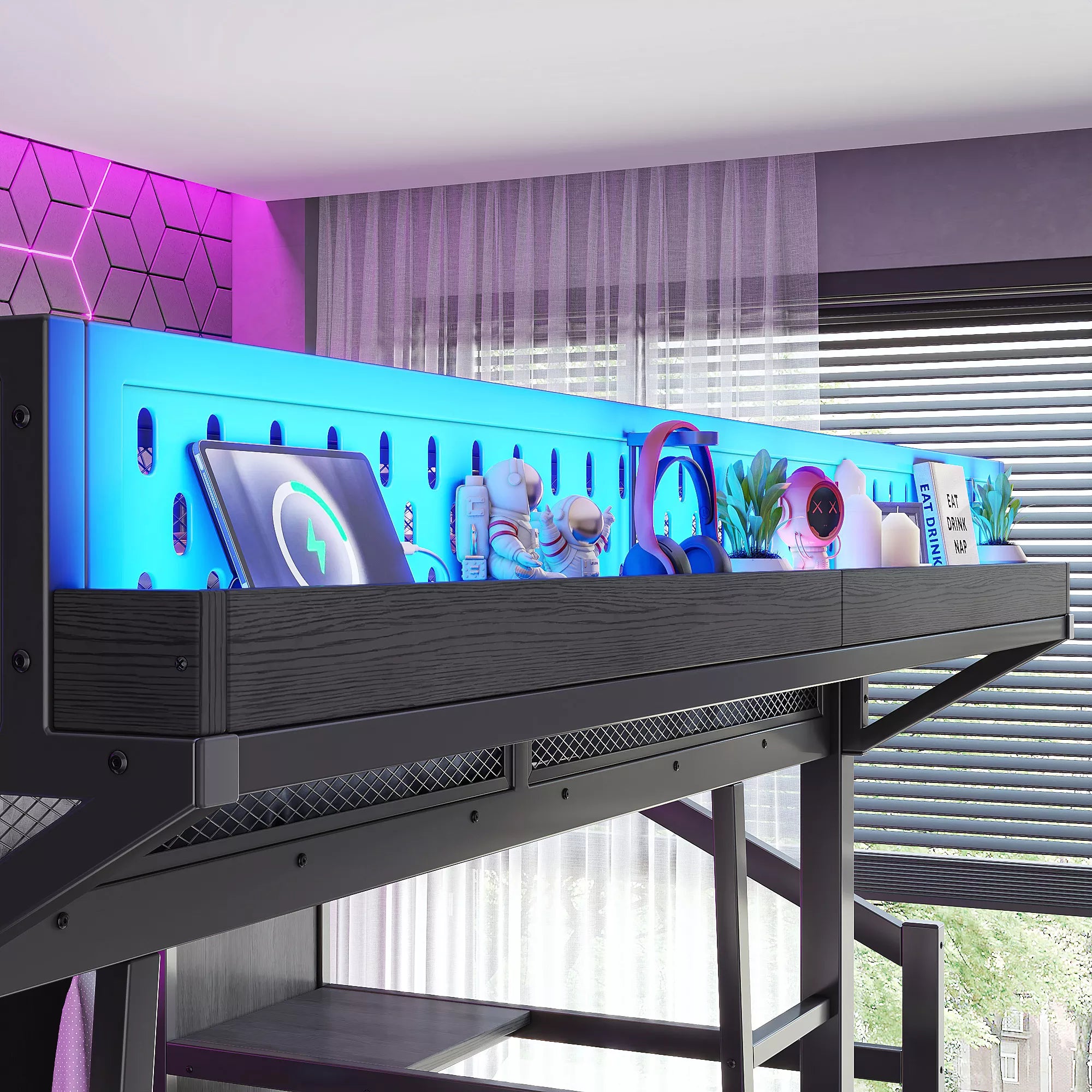 Gaming loft bed with LED lights and entertainment setup
