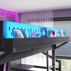 Gaming loft bed with LED lights and entertainment setup