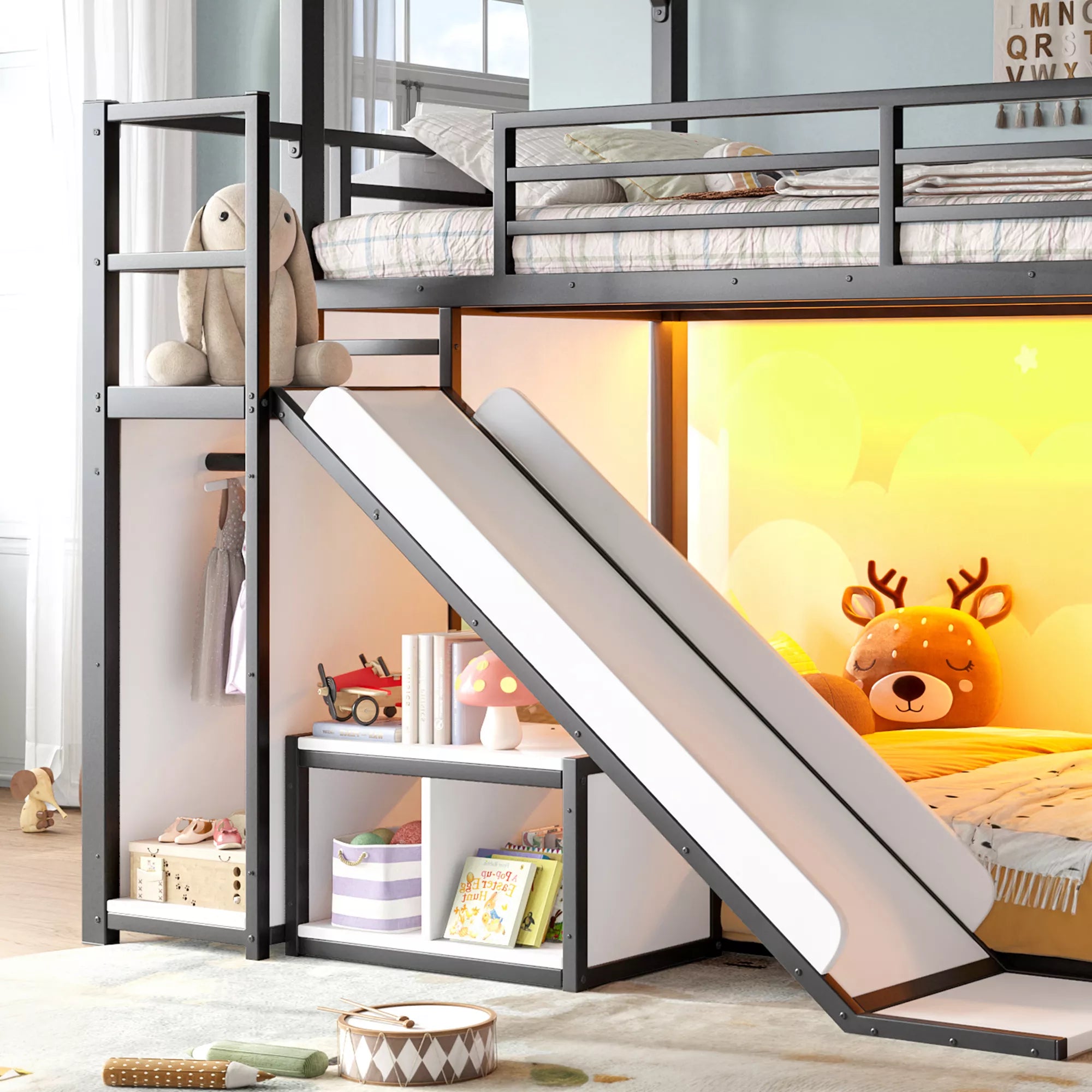 Twin house loft bed with LED lighting under sleeping area