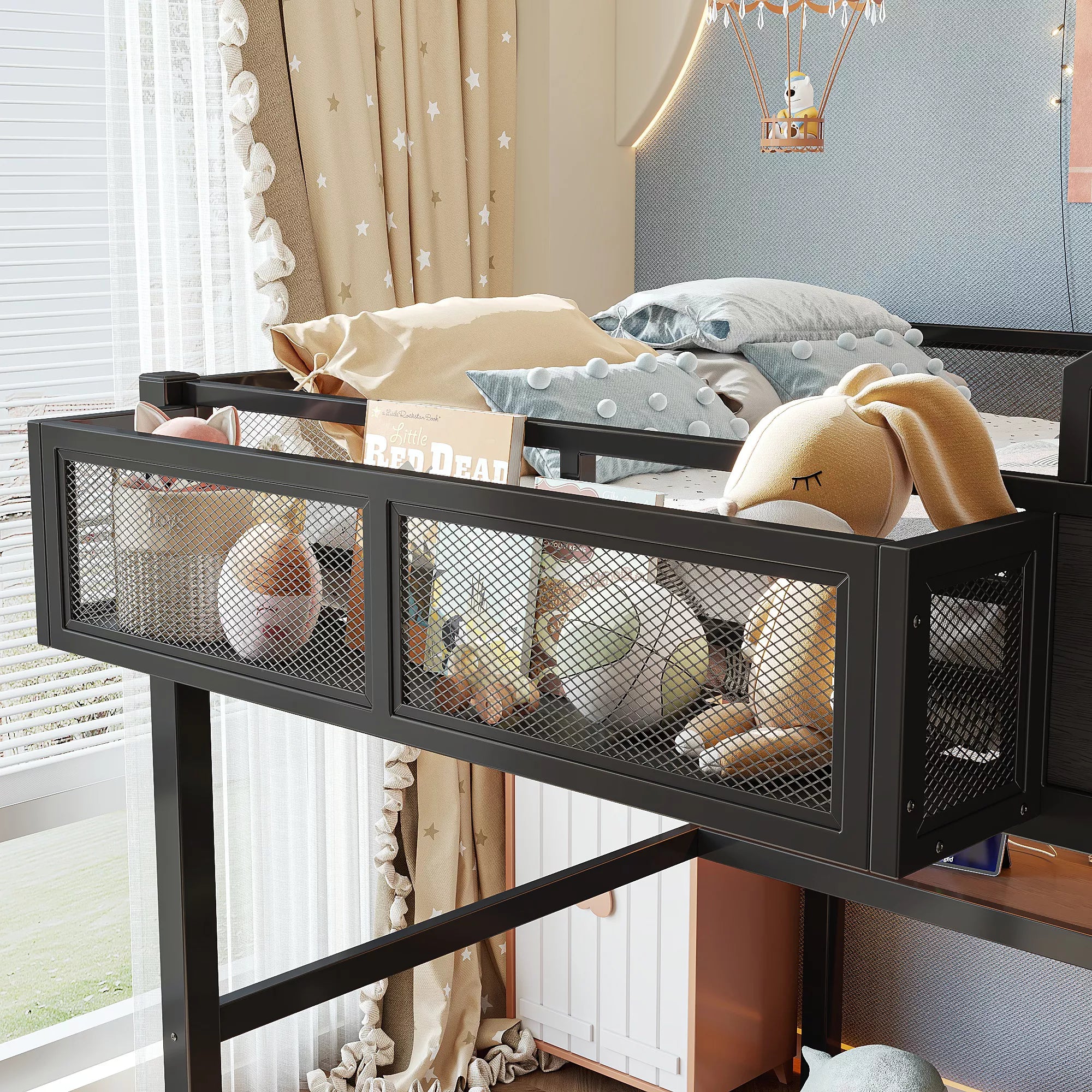 House design loft bed with storage shelf details
