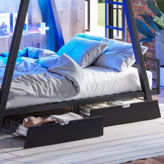 Close-up of lower bunk with blue ambient lighting and storage drawer