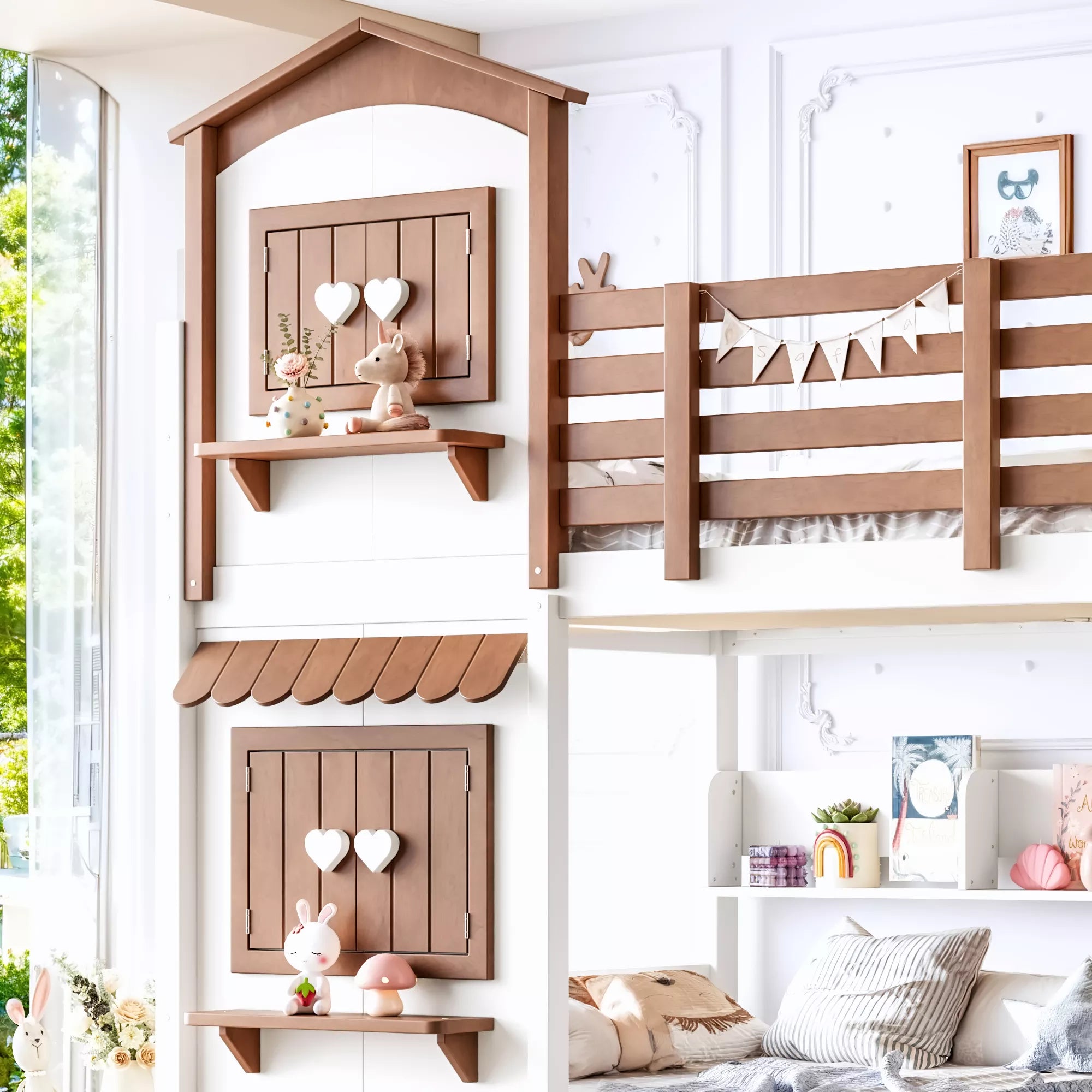 Heart-shaped window and display shelf on playhouse bunk bed