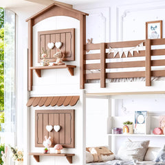 Heart-shaped window and display shelf on playhouse bunk bed