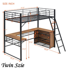 Bellemave® Metal Loft Bed with 3 Layers of Shelves and L-shaped Desk