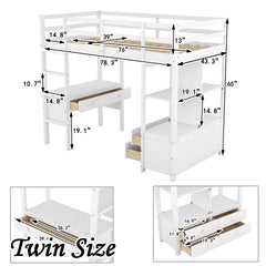 Bellemave® Loft Bed with Built-in Desk and 2 Drawers,Storage Shelves