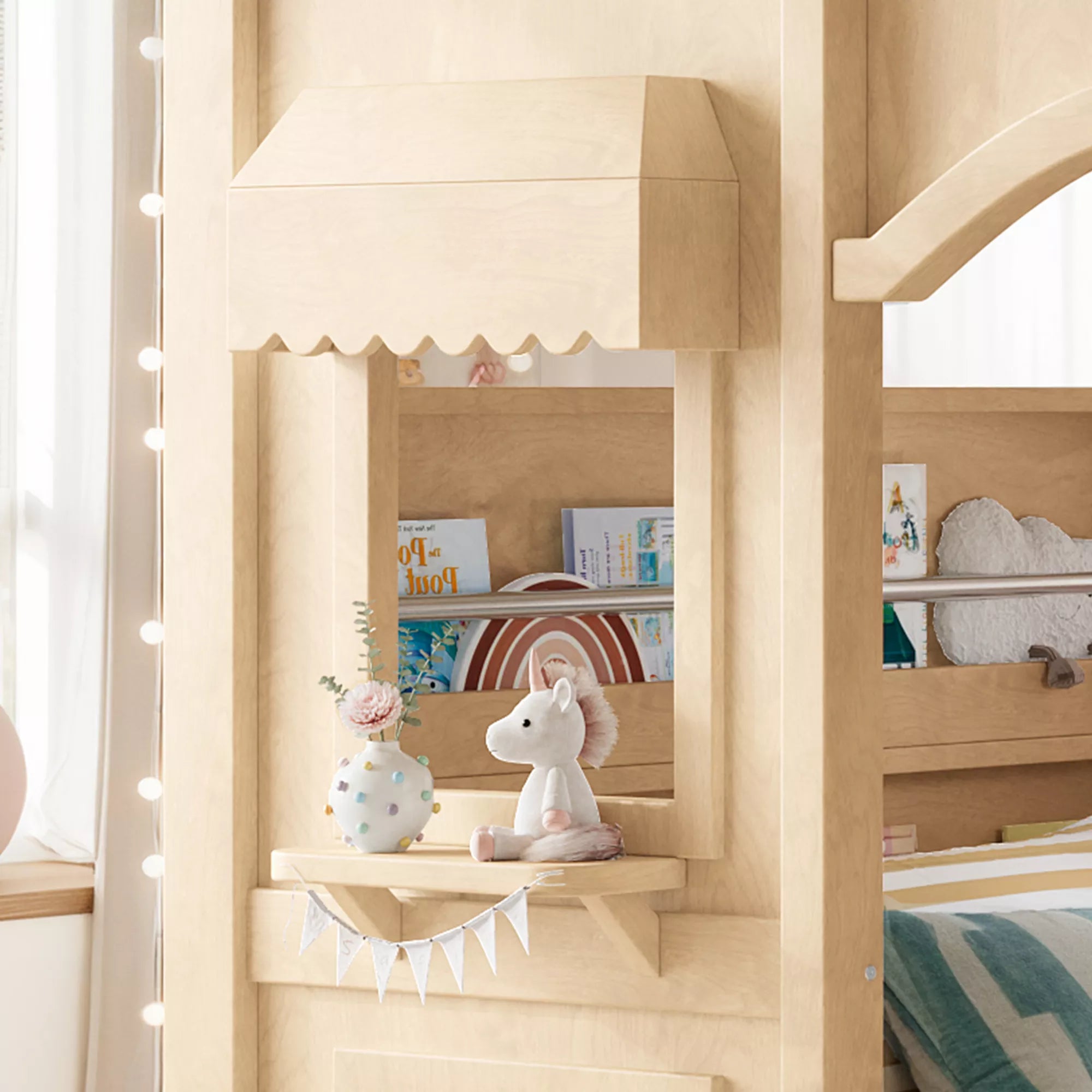 Twin size loft bed with decorative windows and kids play space