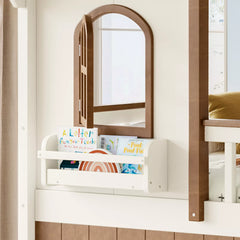bunk bed with side bookshelf for kids books and toys