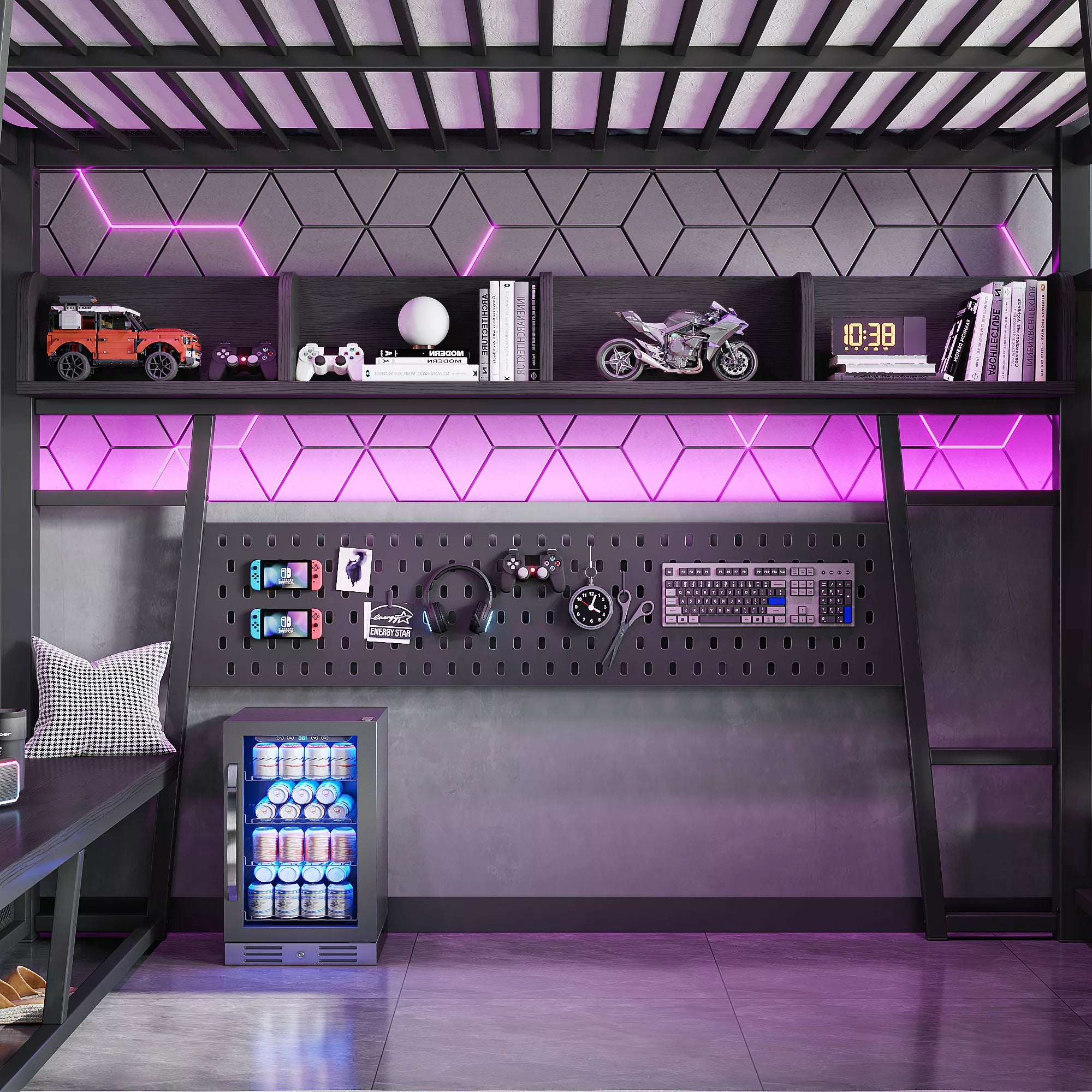 Gaming loft bed with RGB LED lighting and pegboard storage