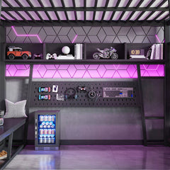 Gaming loft bed with RGB LED lighting and pegboard storage