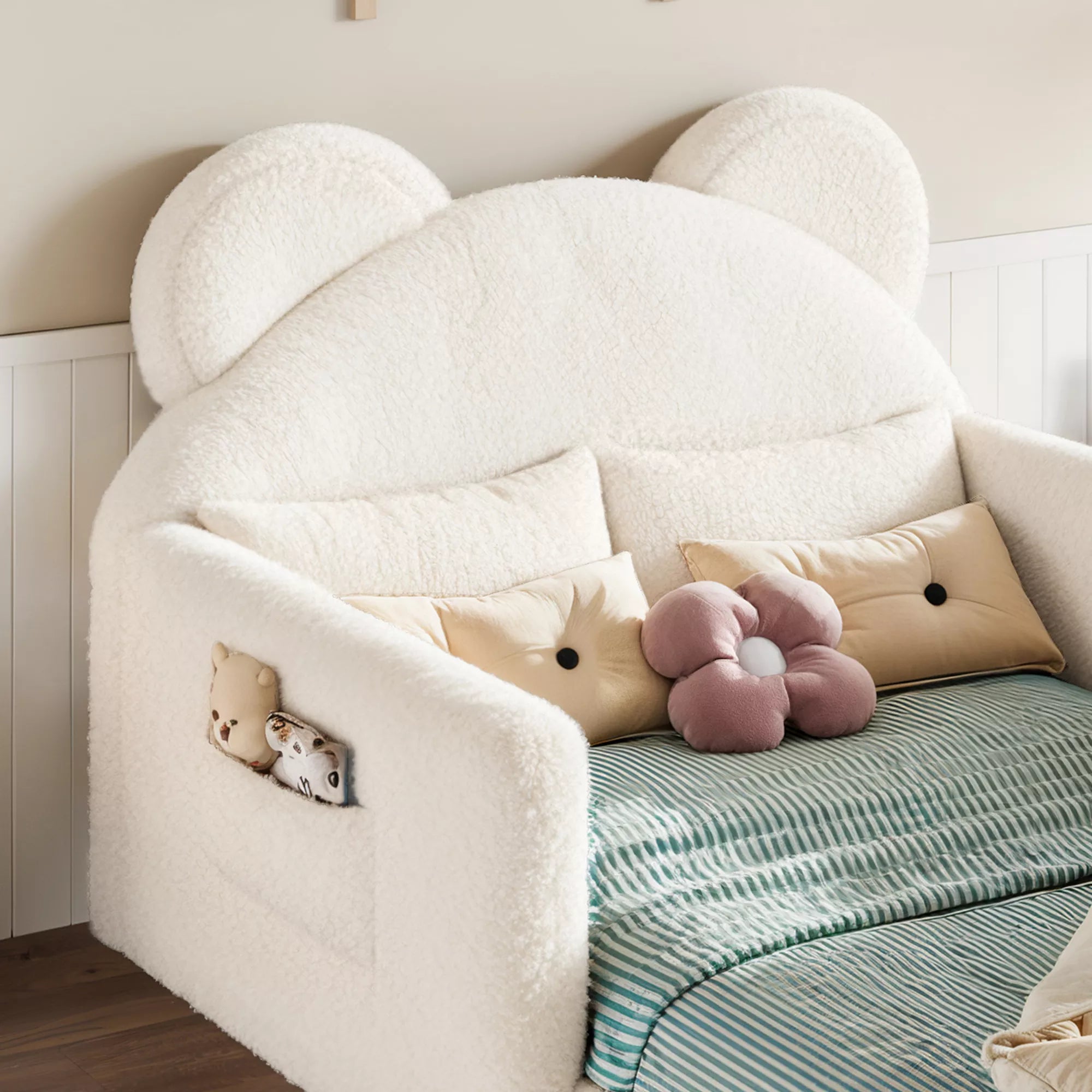 Bear shaped upholstered kids bed with teddy fabric headboard in bedroom
