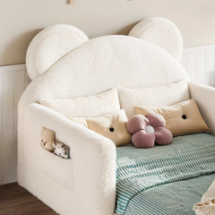 Bear shaped upholstered kids bed with teddy fabric headboard in bedroom
