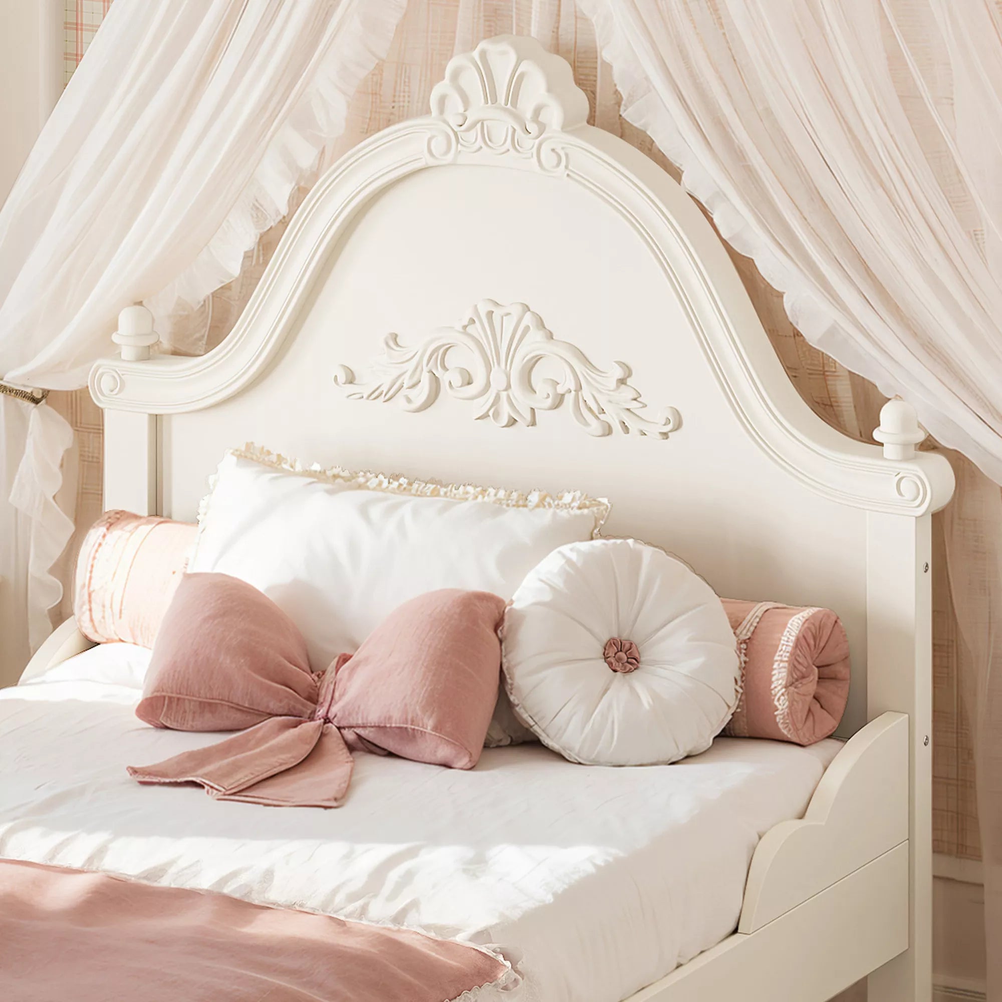 Close Up of Carved Headboard on Platform Bed Frame