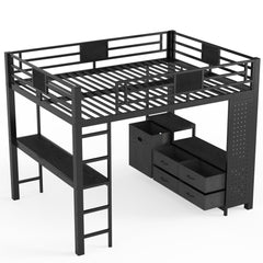 Bellemave® Queen Size Metal Loft Bed with Desk, Storage Shelves & Clothesline Pole, Storage pegboard, Laundry Bag,for Adults, Kids, Teens, Black Bellemave®