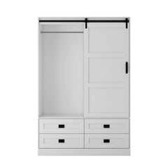 Bellemave® Modern Wardrobe with Hanging Rod and Barn Door ,Drawers  and Open Shelves