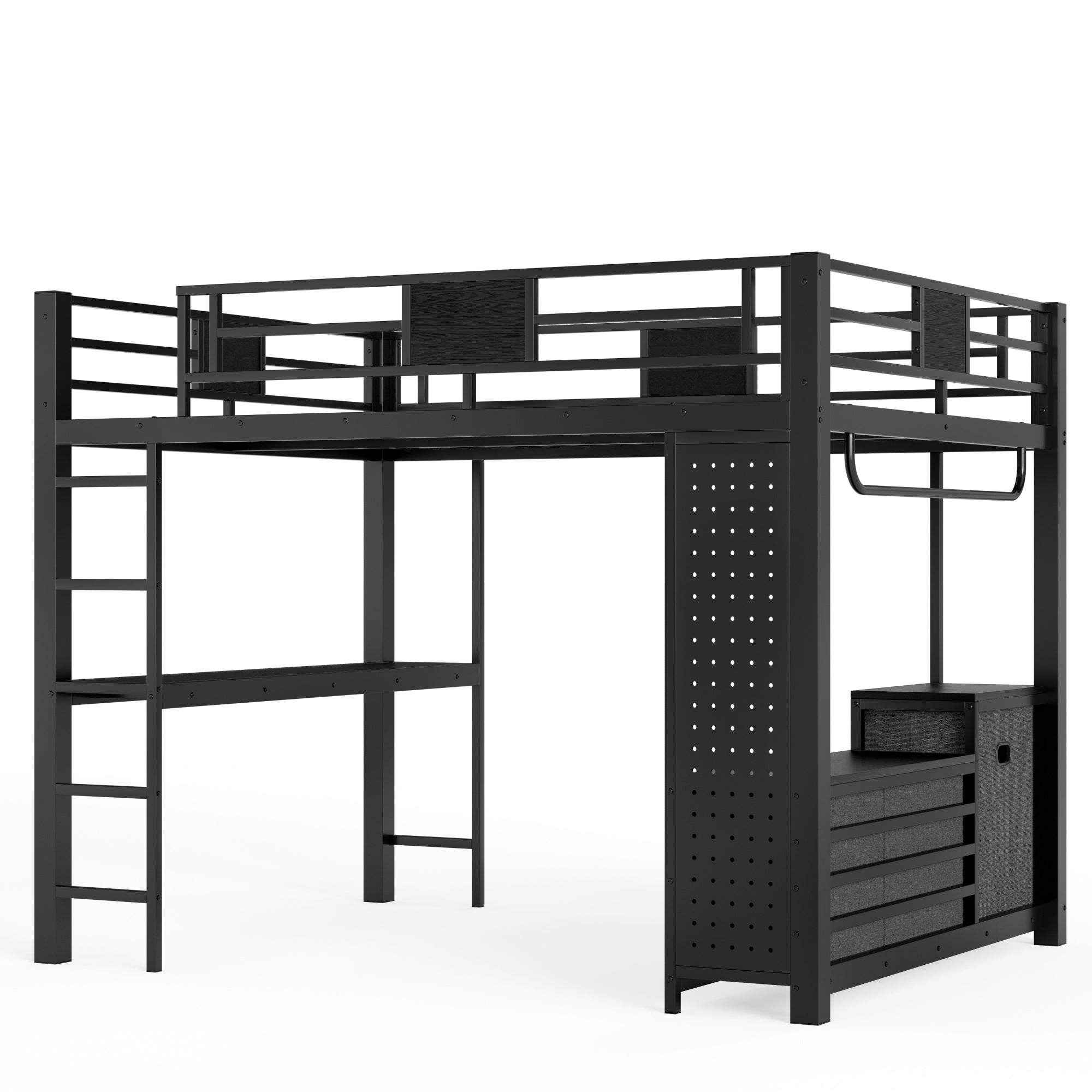 Bellemave® Queen Size Metal Loft Bed with Desk, Storage Shelves & Clothesline Pole, Storage pegboard, Laundry Bag,for Adults, Kids, Teens, Black Bellemave®