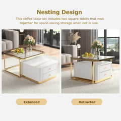 Bellemave® Modern 2 Pieces Square Nesting Coffee Table with Drawers & Electroplated Gold Legs