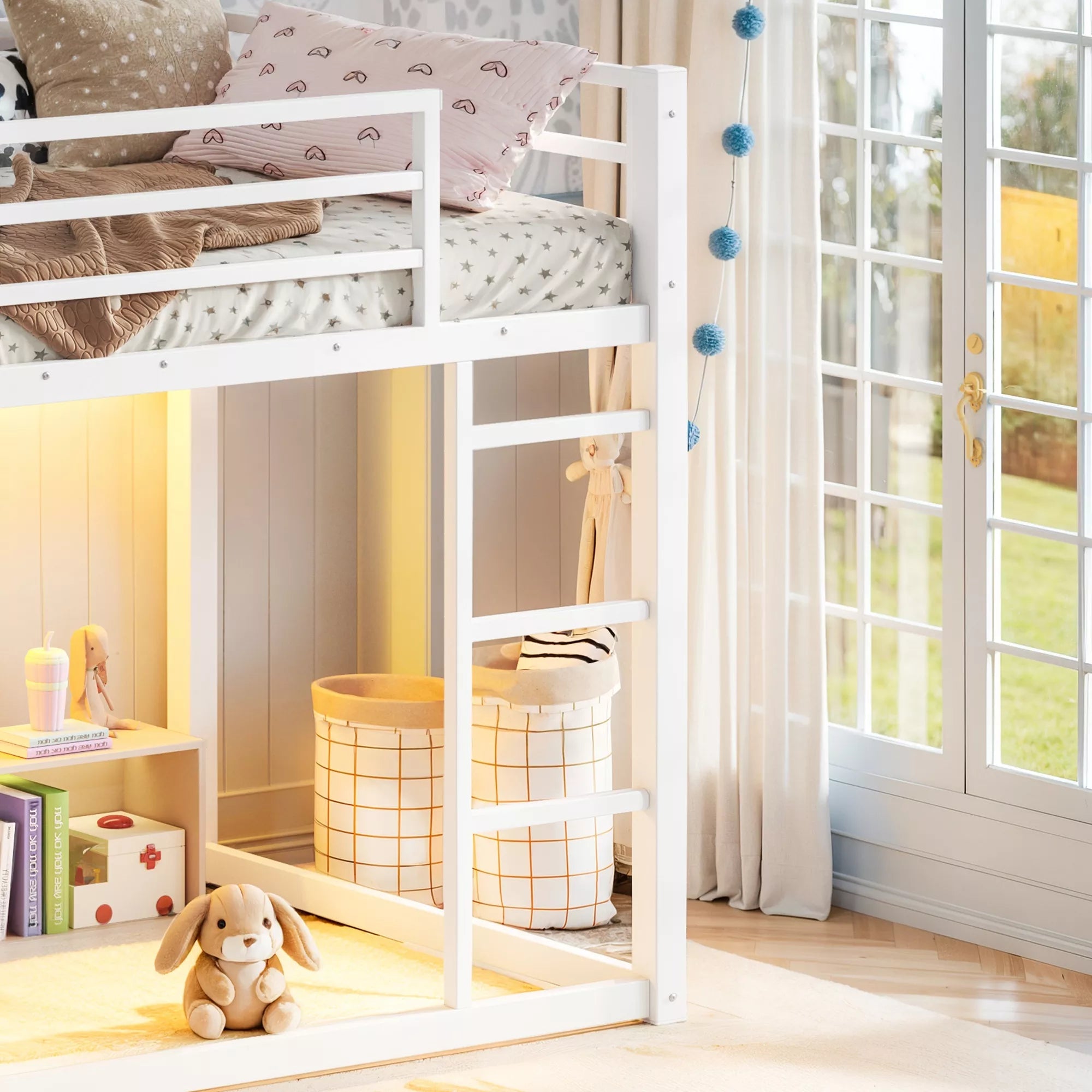 Bellemave® Twin over Twin Bunk Bed with LED, Storage Shelves & Drawer, Metal Floor Bunk Bed for Kids Bellemave®