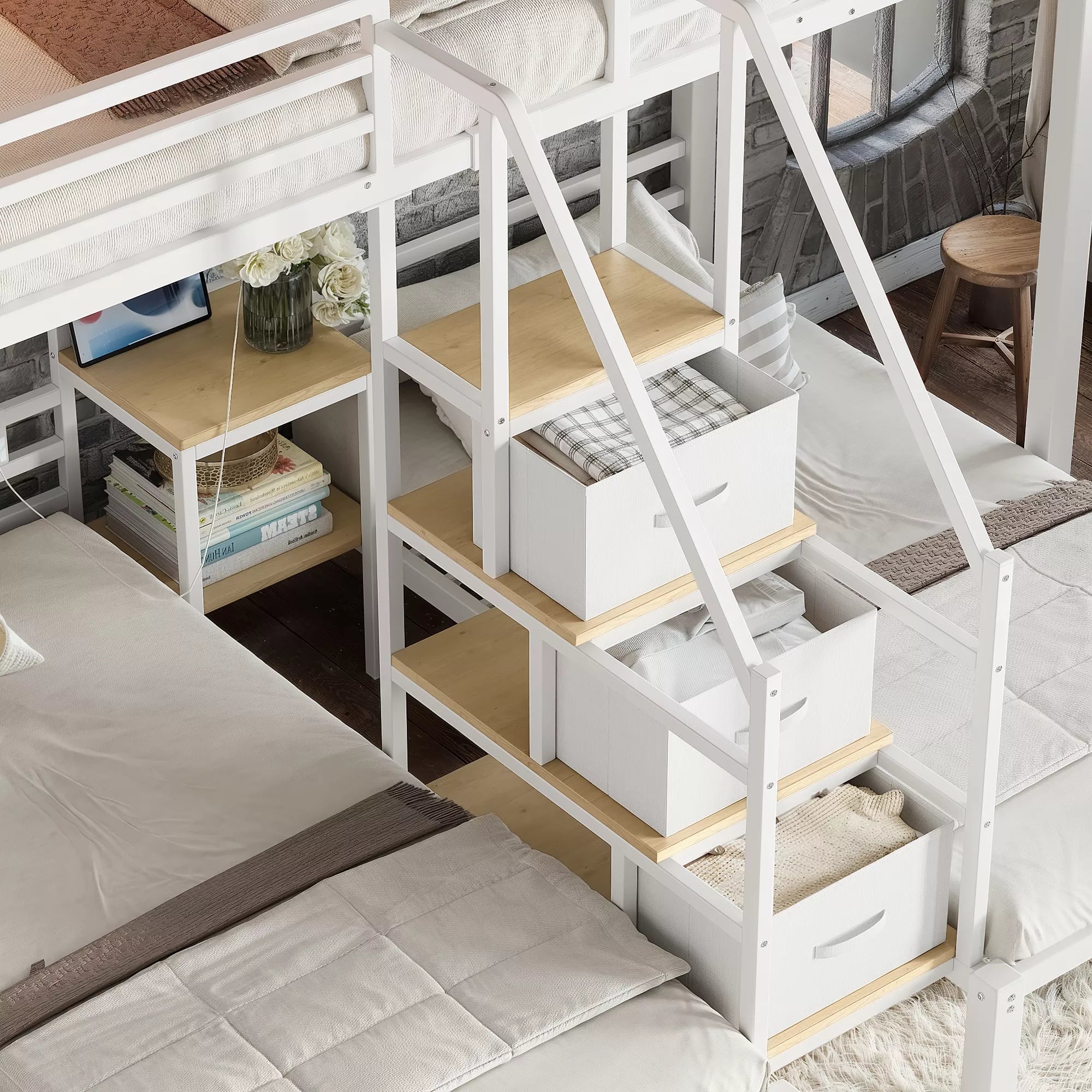 triple bunk bed stairs with storage drawers