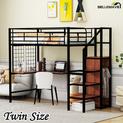 Bellemave® Metal Loft Bed with Desk and Metal Grid, Lateral Storage Ladder and Wardrobe