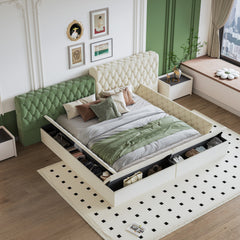 Bellemave® King Size Contemporary Special-Shaped Fully Upholstered Bed with Deep Button Tufting and Storage Compartments in Rails and Footboard