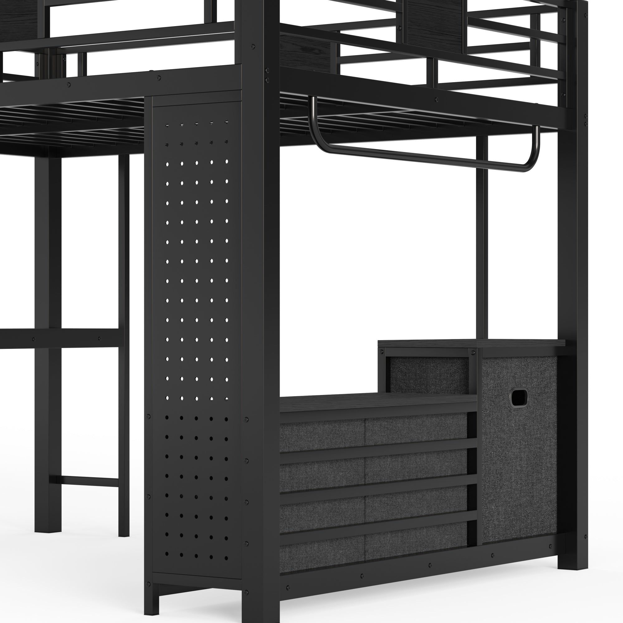 Bellemave® Queen Size Metal Loft Bed with Desk, Storage Shelves & Clothesline Pole, Storage pegboard, Laundry Bag,for Adults, Kids, Teens, Black Bellemave®