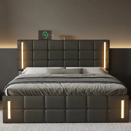 Bellemave® Upholstered Bed with LED Lights,Hydraulic Storage System and USB Charging Station Bellemave®