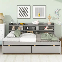 Bellemave® Wood Daybed with Side Bookcase and 2 Drawers