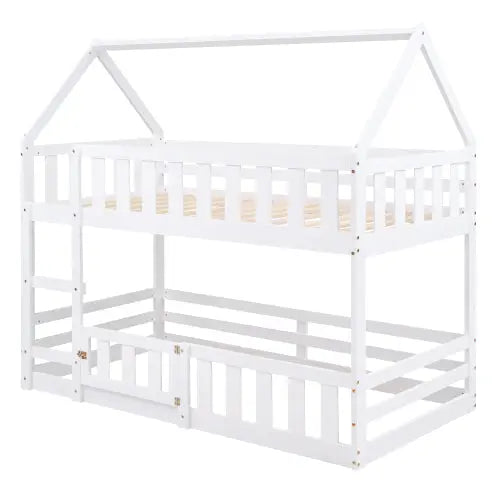 Bellemave Twin Size House Bunk Bed with Fence and Door Bellemave