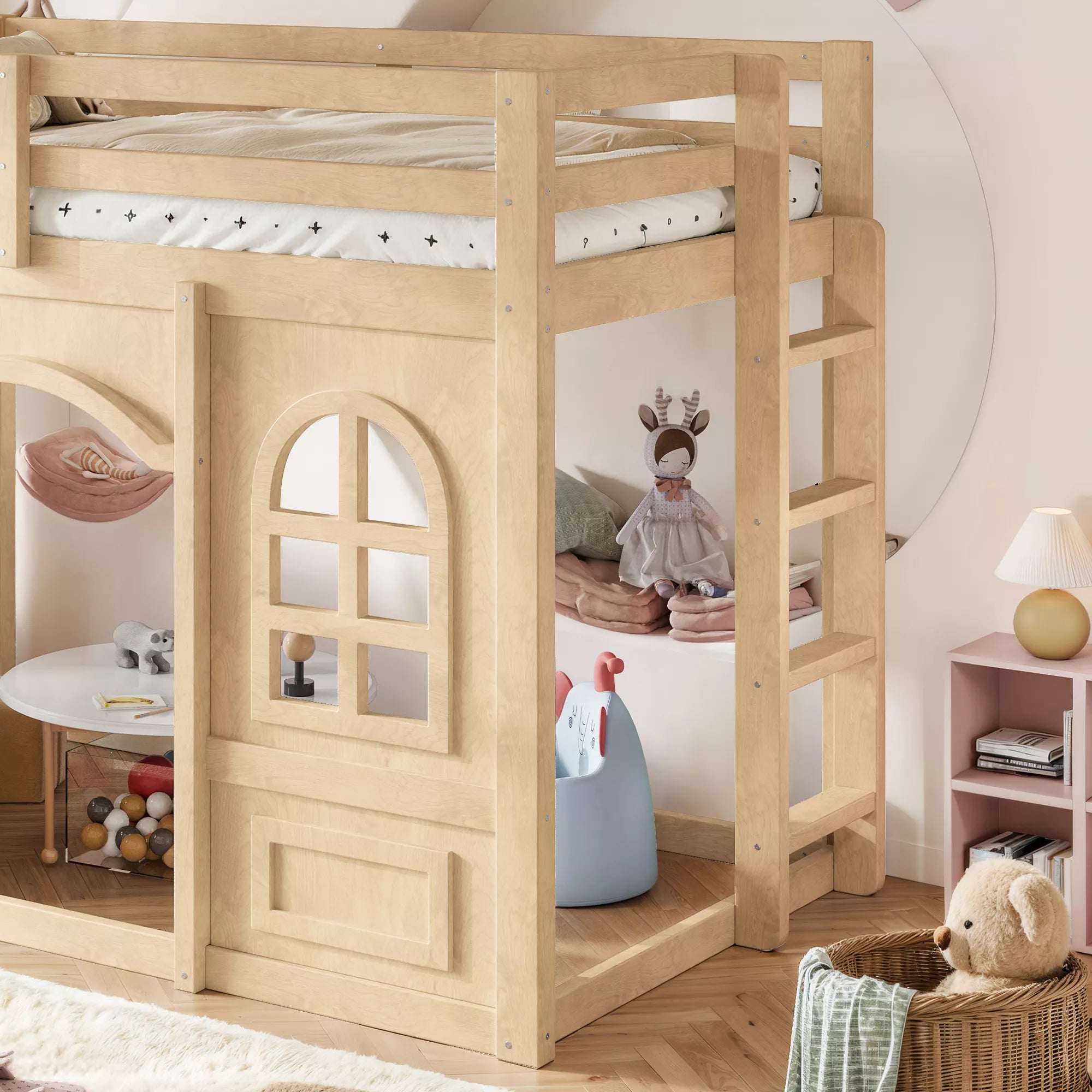 Kids twin loft bed with storage shelves in bedroom setting