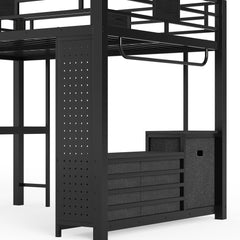 Bellemave® Queen Size Metal Loft Bed with Desk, Storage Shelves & Clothesline Pole, Storage pegboard, Laundry Bag,for Adults, Kids, Teens, Black Bellemave®