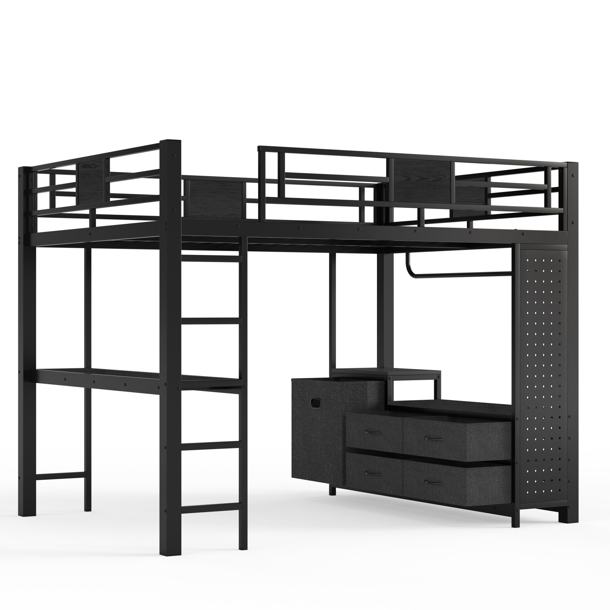 Bellemave® Queen Size Metal Loft Bed with Desk, Storage Shelves & Clothesline Pole, Storage pegboard, Laundry Bag,for Adults, Kids, Teens, Black Bellemave®