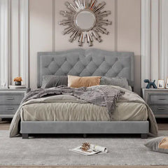 Bellemave® Velvet Upholstered Platform Bed with Tufted Headboard and Rivet Design Bellemave®