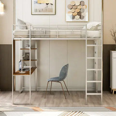 Bellemave® Full Size Metal Loft Bed with 2 Shelves and Desk