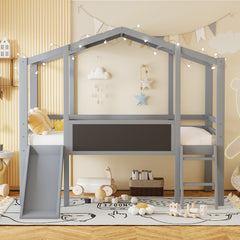 Bellemave® Twin Size House Loft Bed with Ladder and Slide,Blackboard and Light Strip on the Roof