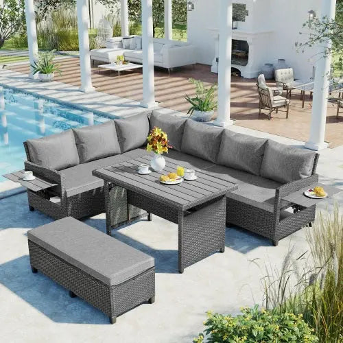 Bellemave® 5-Piece Outdoor Patio Rattan Sofa Set with 2 Extendable Side Tables, Dining Table and Washable Covers Bellemave®