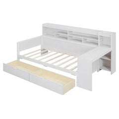 Bellemave® Twin Size Daybed with Storage Shelves， Two Storage Drawers and Study Desk