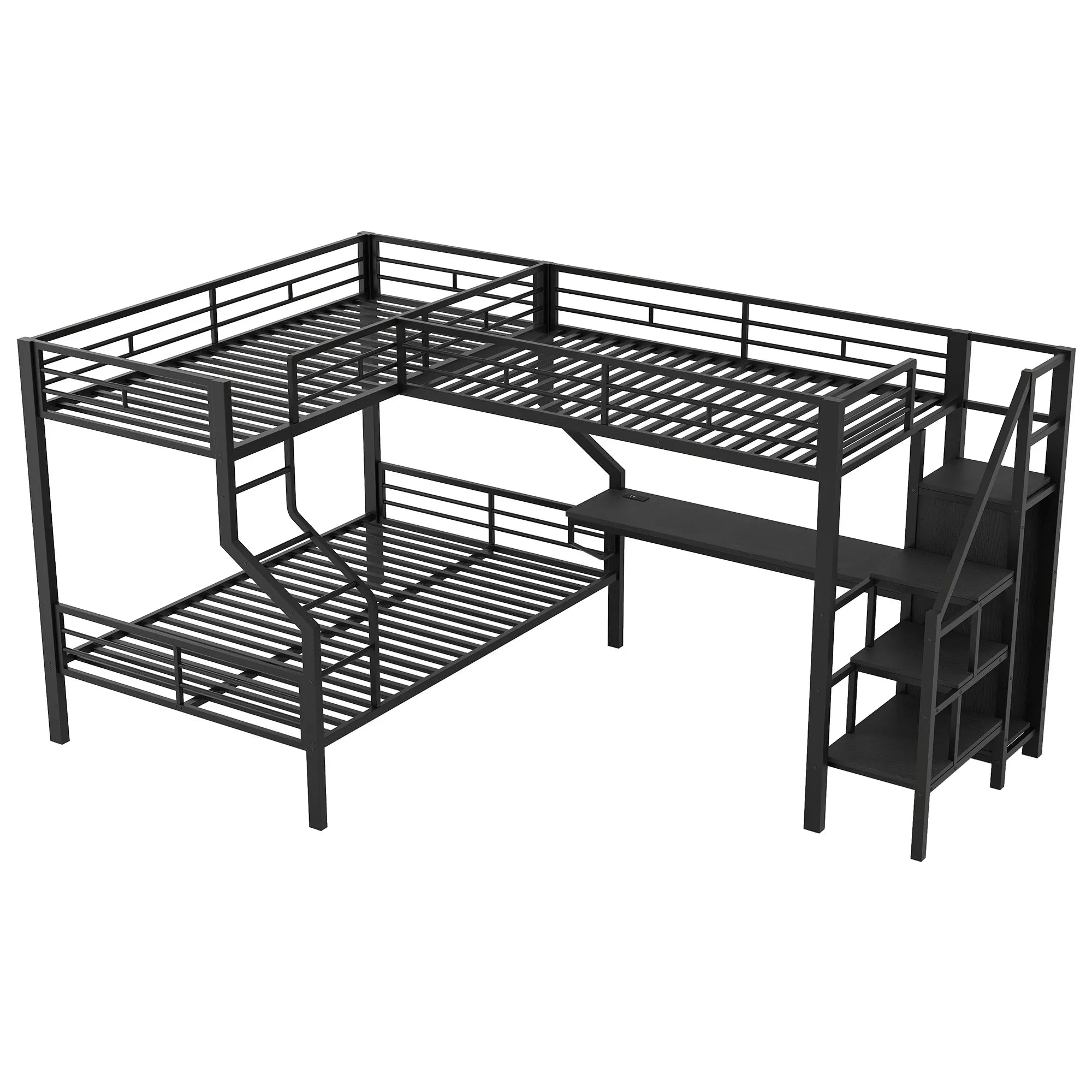 Bellemave® L-Shaped Triple Bunk Bed with Storage Stairs, Twin Over Twin Over Full Bunk Bed with Desk, USB Ports, Wardrobe, Heavy-Duty Metal Corner Bunk Beds for 3 Kids, Noise Free, Black Bellemave®