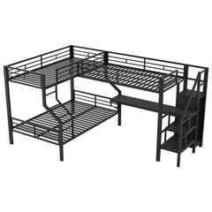 Bellemave® L-Shaped Triple Bunk Bed with Storage Stairs, Twin Over Twin Over Full Bunk Bed with Desk, USB Ports, Wardrobe, Heavy-Duty Metal Corner Bunk Beds for 3 Kids, Noise Free, Black Bellemave®