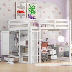 Bellemave® Full Size Loft Bed with Built-in Wardrobe, Desk, Storage Shelves and Drawers