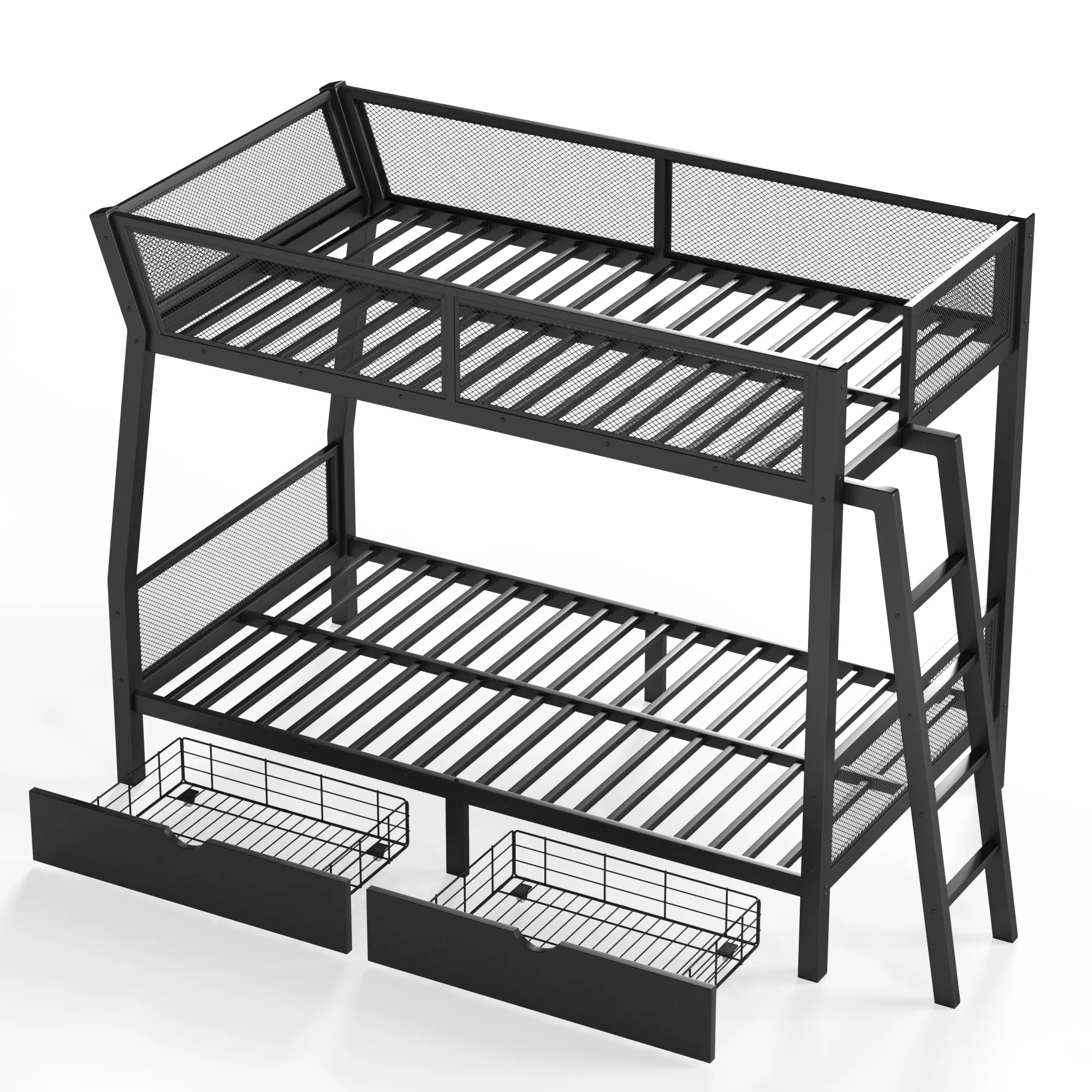 Black metal bunk bed with two wire-mesh storage baskets pulled out beneath the lower bed