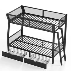 Black metal bunk bed with two wire-mesh storage baskets pulled out beneath the lower bed