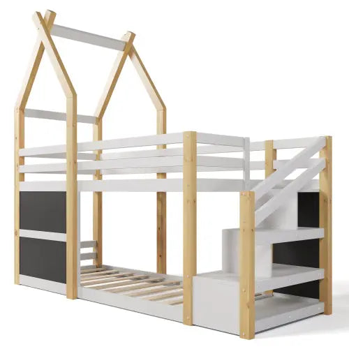 Bellemave® Twin Size Floor House Bunk Bed with Storage Staircase and 2 Blackboards Bellemave®