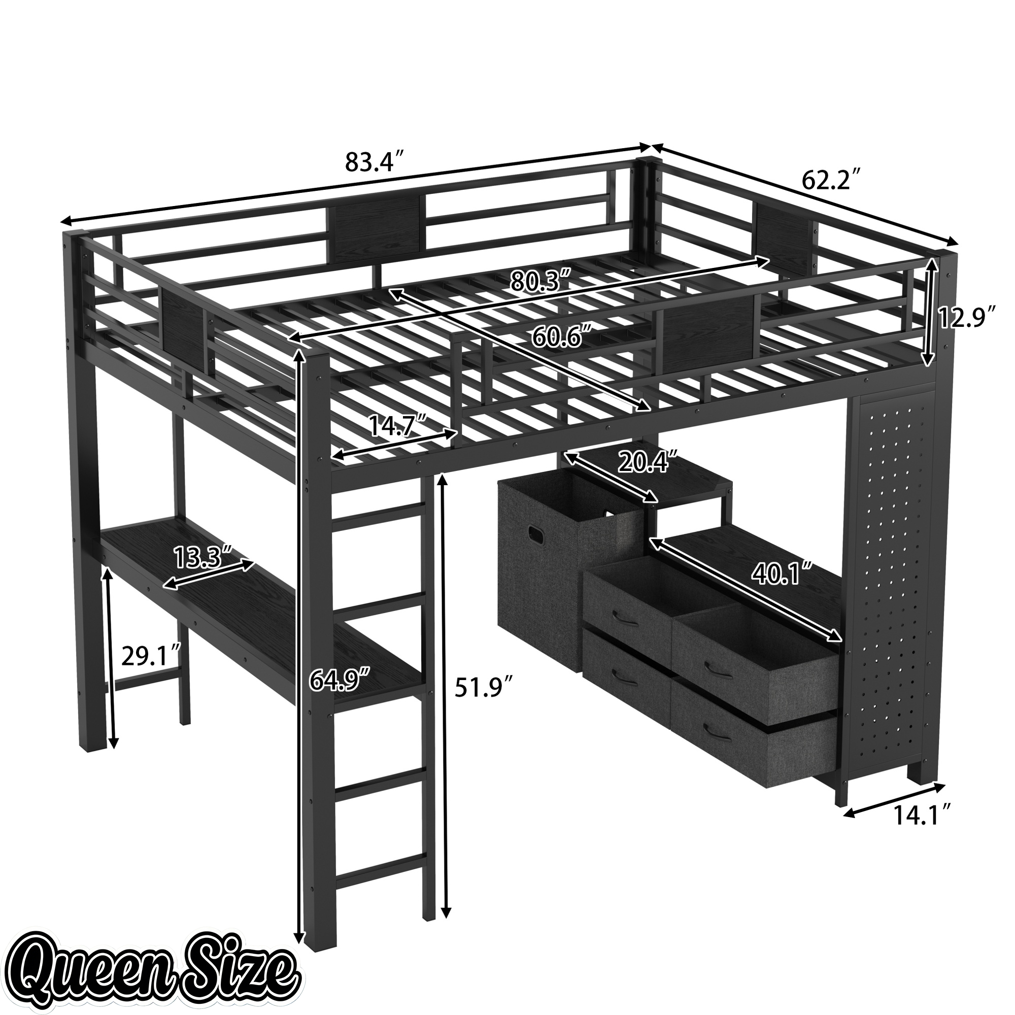 Bellemave® Queen Size Metal Loft Bed with Desk, Storage Shelves & Clothesline Pole, Storage pegboard, Laundry Bag,for Adults, Kids, Teens, Black Bellemave®
