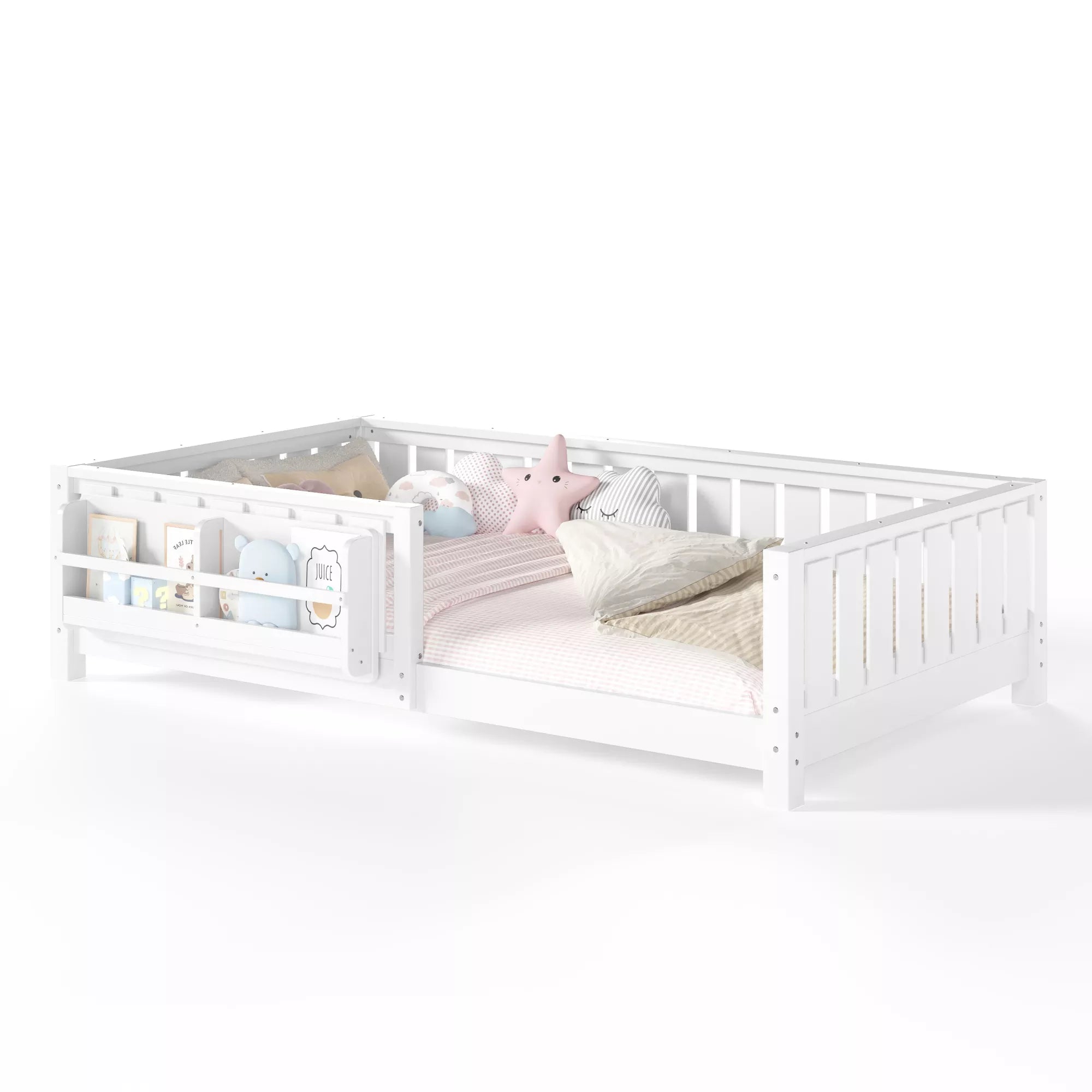 Montessori floor bed with safety guardrails and low profile design for kids