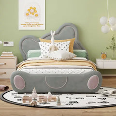 Bellemave® Velvet Platform Bed with Bear-Shaped Headboard, with Bed-End Storage Pocket Bellemave®